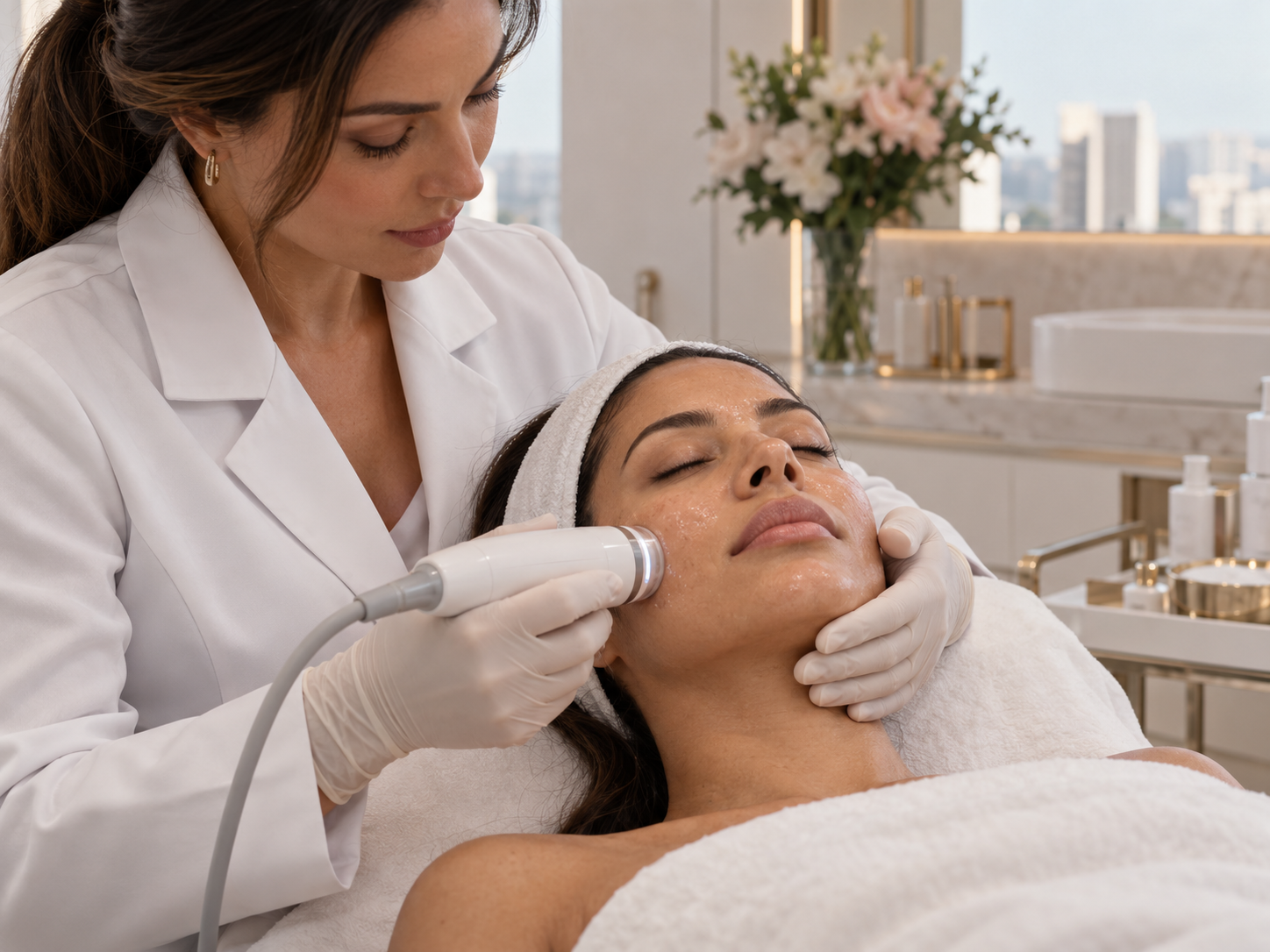 Tratamento de rejuvenescimento facial com tecnologia em ambiente clínico sofisticado